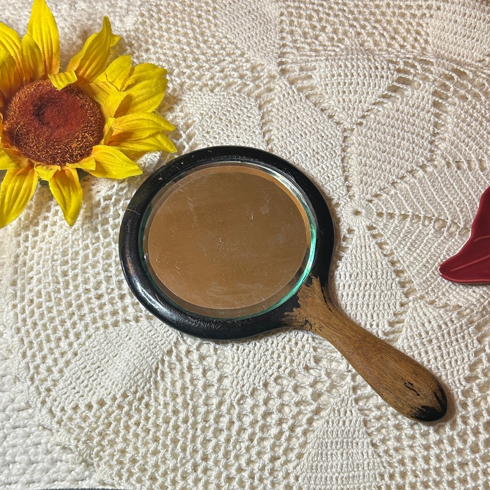 Vintage Handheld Mirror With Black And Brown Handle